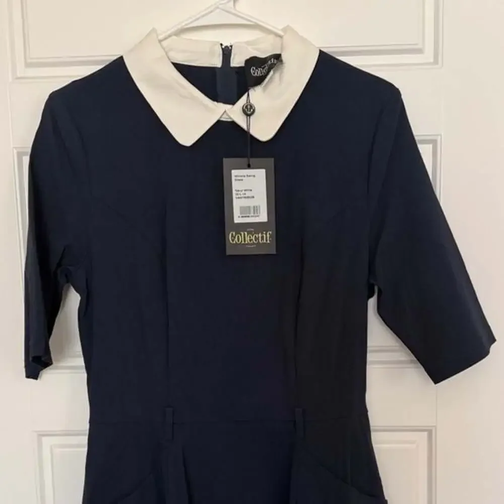 Collectif London Winona Swing Dress Navy White Collar Size L NWT - Picture 4 of 5